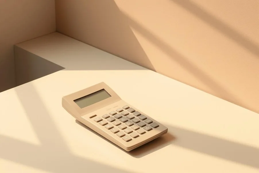 A calculator lying on a pale desk in low afternoon light, a soft shadow falling across the wall behind it.